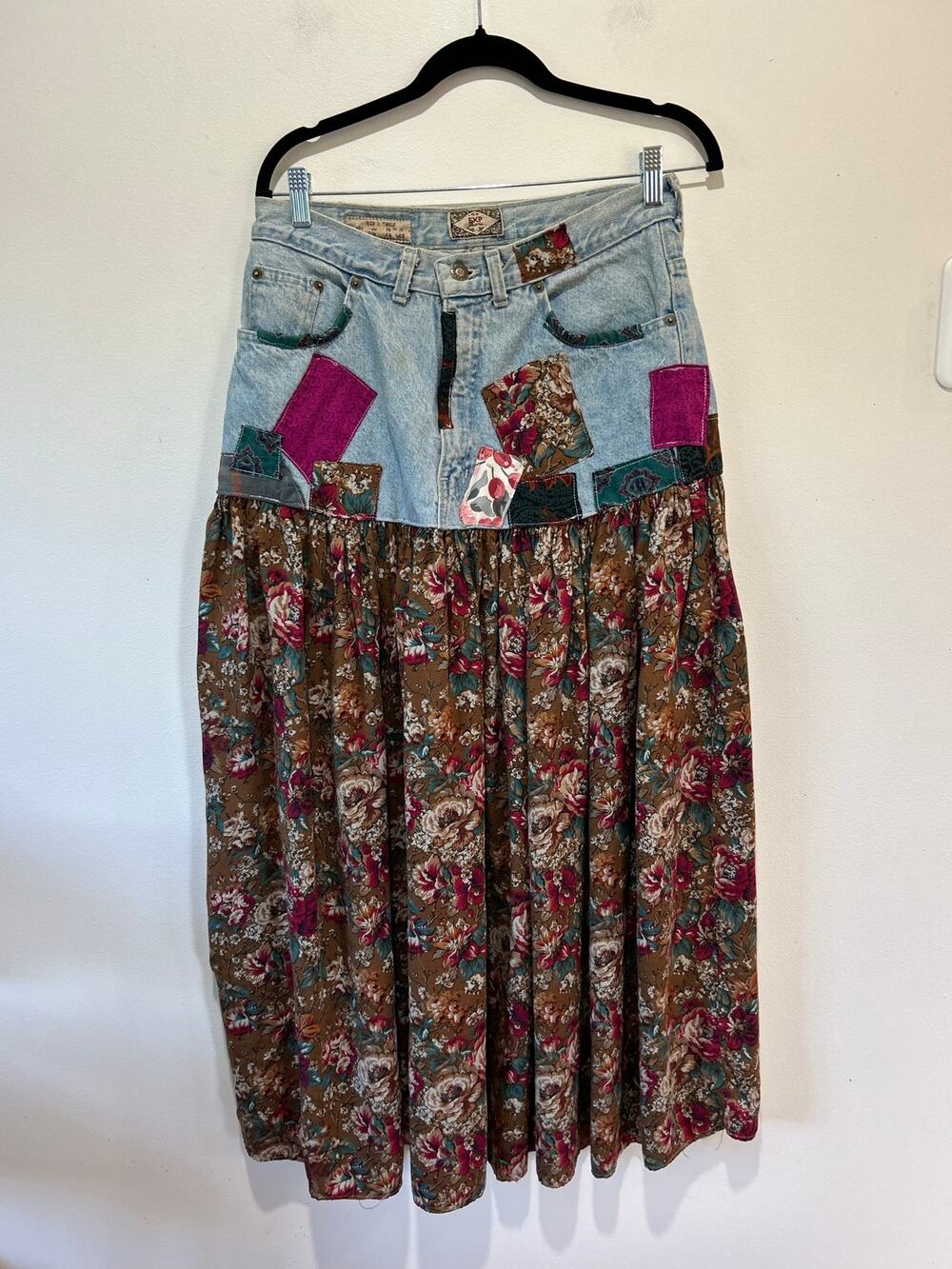 Jeans skirt womens size 10 upcycled boho maxi skirt patch